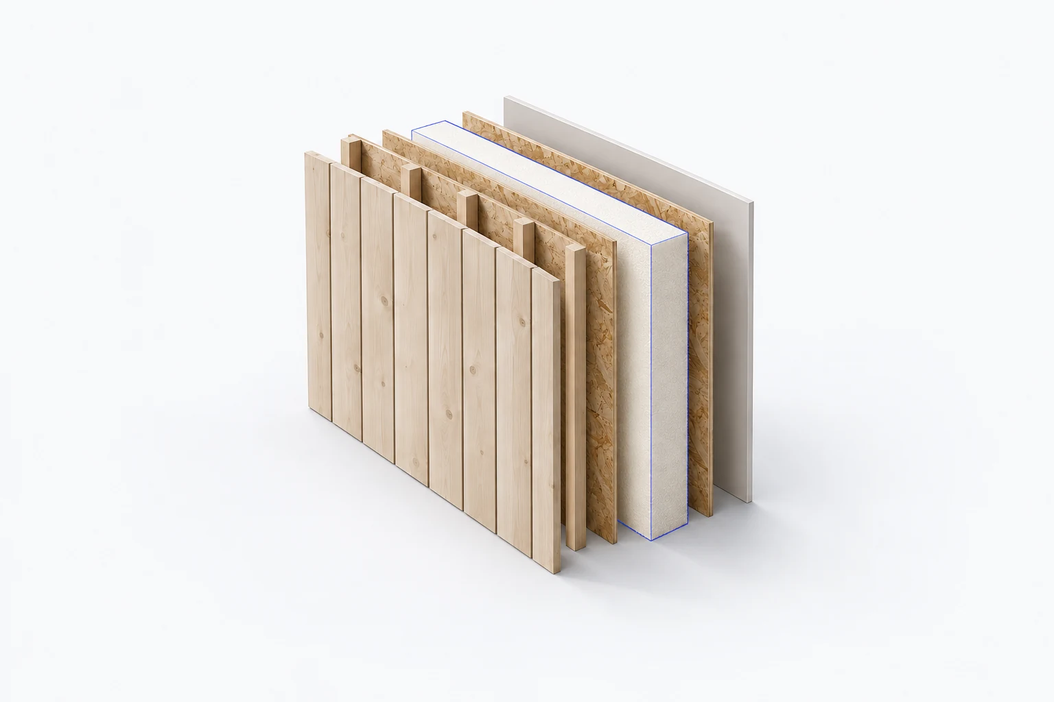 Concept illustration of a wall assembly with timber cladding, battens, SIP skins, insulation and interior lining.