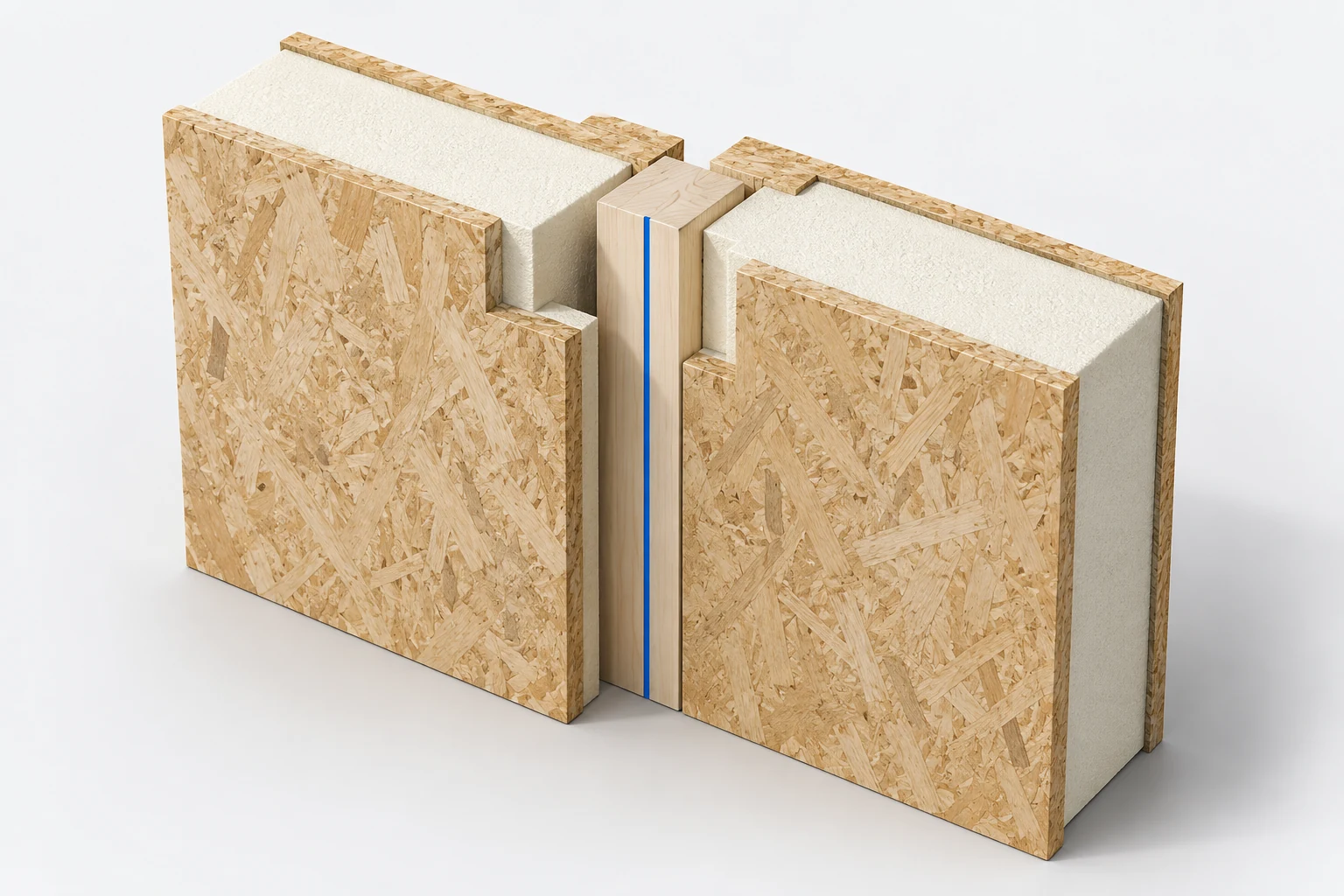Concept illustration highlighting the timber spline between two SIP panels.